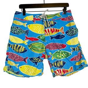 Boden Mens Fishes Swim Board Shorts Blue - 34